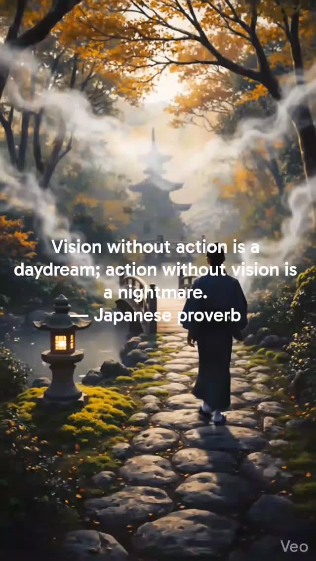 "Lost in the misty landscapes of thought and action. 🏯 There's a profound wisdom in the balance captured by this ancient saying: 'Vision without action is a daydream; action without vision is a nightmare.'
May your journey be guided by clear purpose and steady steps.
#Zen #Contemplation #AsianArt #Proverbs #InnerPeace Journey"