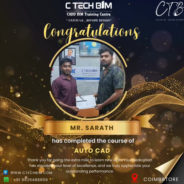 🎉 Congratulations Mr. Sarath! 🎉
We are proud to announce that Mr. Sarath has successfully completed the AutoCAD Course at C TECH BIM – CADD BIM Training Centre.
Your dedication and hard work have led you to this achievement. Wishing you great success in your career ahead! 👏
📚 Join C TECH BIM and upgrade your skills today!
📍 Coimbatore
🌐 www.ctechbim.com
📞 +91 9626488808
#CTechBIM #AutoCAD #AutoCADTraining #CADTraining #BIMTraining Coimbatore SkillDevelopment Engineering DesignCourse StudentAchievement