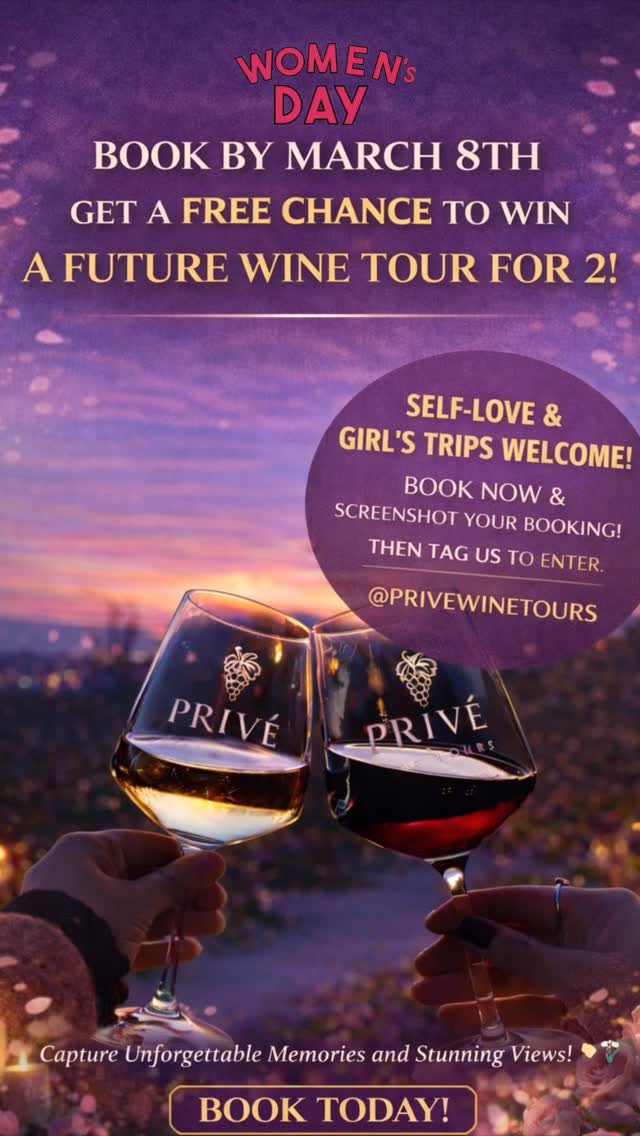 Let’s celebrate Women’s International Day exclusively!
Book by March 8 🍷
Tag us
Win a future tour for 2
That’s it. Let’s sip. Enjoy the moments!
#PriveWineTours #WineGiveaway #TemeculaWineCountry #LuxuryTour