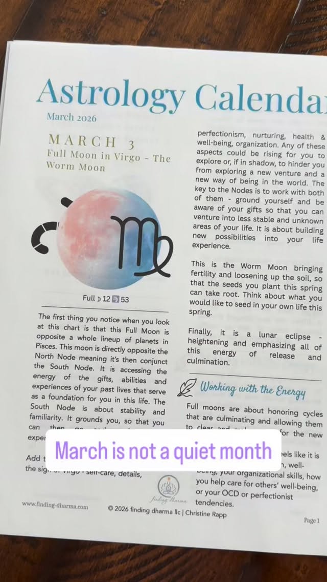 March is not a quiet month.
There is eclipse energy.
There are powerful planetary conjunctions.
There are shifts from reflection to forward motion.
Themes of identity, discipline, intuition, self-worth, and who you want to be in the world are all being stirred.
Inside my March Astrology Calendar, I highlight the key dates and, for each one, I offer practical guidance on how to work with the energy in your own life. Reflections. Action steps. Support for your personal growth.
If you’ve been feeling something building beneath the surface, this month may help you understand why.
The full calendar is available for free on my Patreon site.
#findingdharma #soulastrology #astrologycalendar
