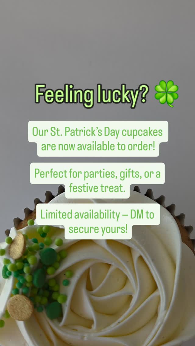 Limited St Patrickβs Day Batch of our delicious vanilla cupcakes!
#StPatricksDay #StPatricksDayCupcakes #LuckyTreats #CupcakeReel #swanvalley