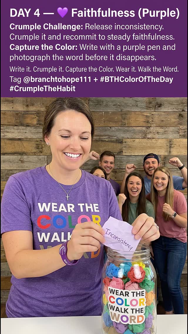 💜 DAY 4 — Faithfulness (Purple) 💜
Faithfulness isn’t loud.
It’s steady.
It’s consistent.
It shows up — even when no one is watching.
Today we release inconsistency.
The half-finished.
The almost.
The “I’ll start tomorrow.”
✍🏽 Crumple Challenge:
Write the word inconsistency with a purple pen.
Say it out loud.
Crumple it.
Recommit to steady faithfulness.
📸 Capture the Color:
Photograph the word before it disappears — a reminder that what we release makes room for what we become.
Write it.
Crumple it.
Capture the Color.
Wear it.
Walk the Word.
Tag @branchtohope111
#BTHColorOfTheDay #CrumpleTheHabit #BTH111LentJourney #FaithfulnessInAction #BranchToHope
https://www.branchtohope.app/bth111lentjourney