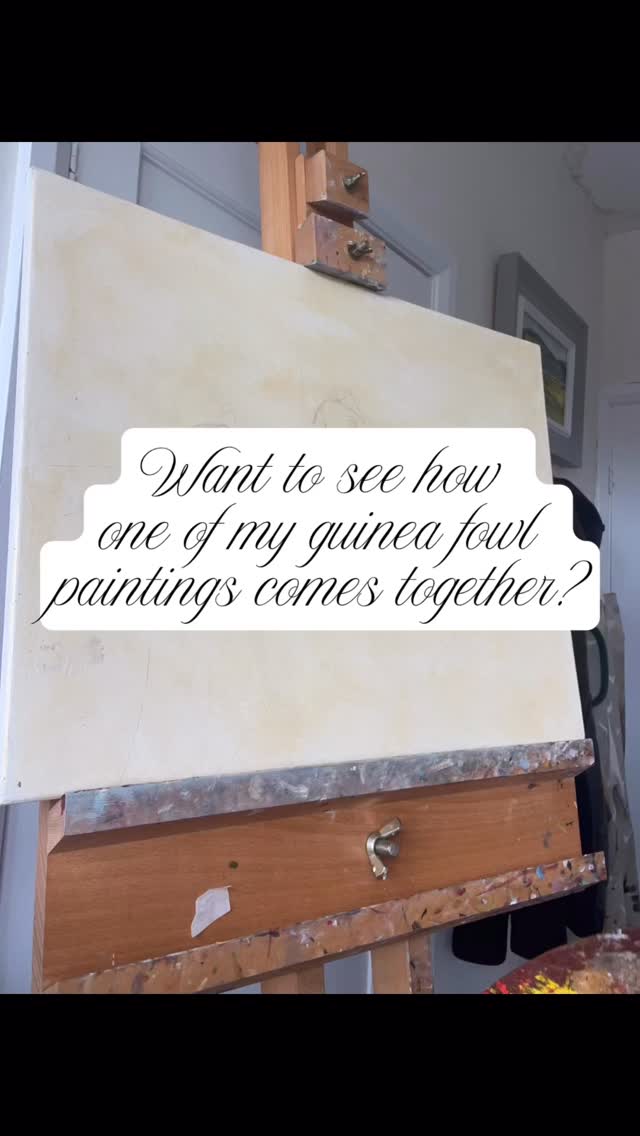 Have you ever wondered how a painting goes from a blank canvas to a beautiful piece of original artwork?
Follow along to see this Guinea Fowl painting progress…