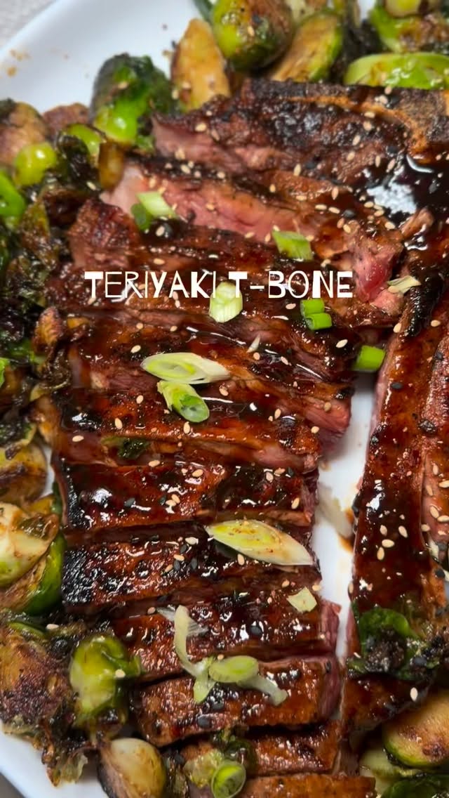 Teriyaki T-bone steak with sesame oils, brussels sprouts #chef #757caterer #explorepage✨