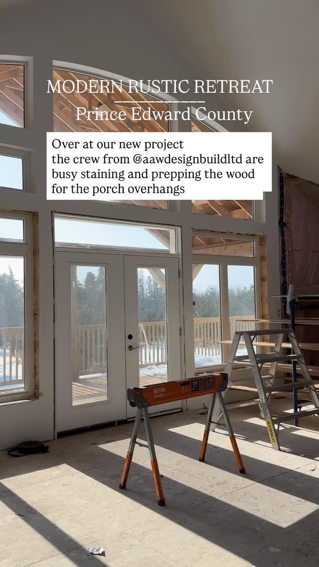 Our Modern Rustic Retreat project is underway and the team from @aawdesignbuildltd has been busy prepping all the wood for our porch soffits plus building all the beams for the vaulted ceilings! The wood is really going to warm this place up! #modernrustic #beams #homerenovation #princeedwardcounty #realestate