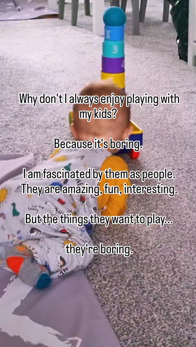 The kids are amazing - they're fascinating, joyful (at times!), you love being around them... but their idea of fun... its not for you.
And that's completely normal! It's more than normal, it's appropriate. The games and activities they want to do are aimed at 1, 2, 3, 4, 5, 6 year olds. Not grown adults.
No wonder we find it boring.
It's nothing to do with the kids.
It's the activity.
So don't feel bad if you find play boring. I do.
#playtime #playfulparents #ihateimaginaryplay #parentinglife #parentingtruths