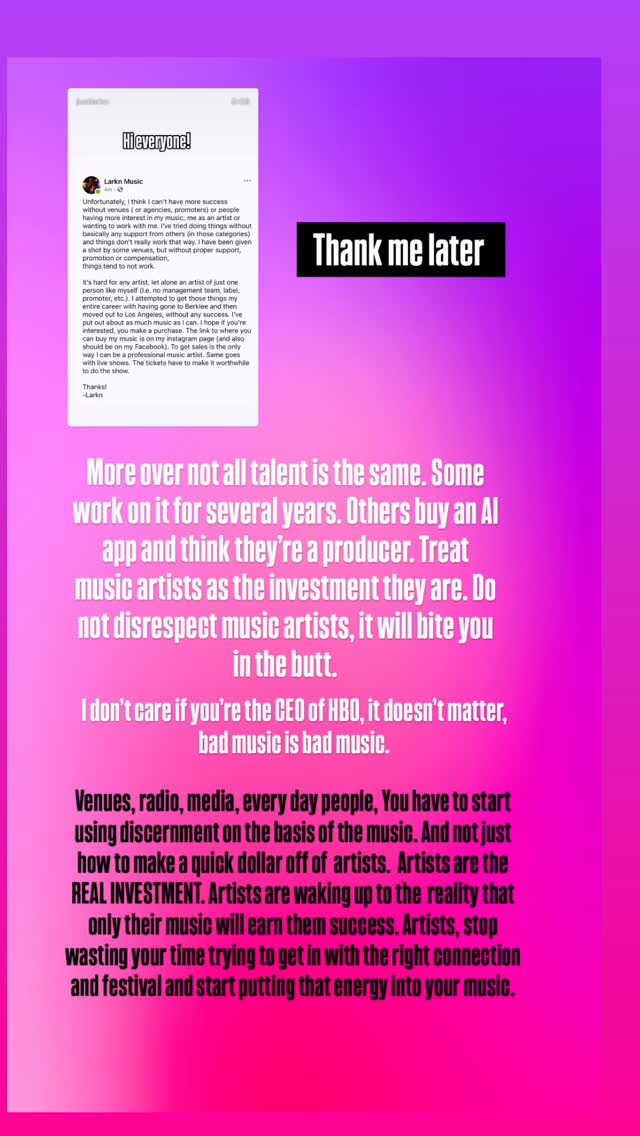 Praise to artists! You rock! Thank you for putting yourselves out there vulnerably in a world that can often be so close-minded, hostile and unfriendly to a difference of thought. And skeptical to the point of fear it feels. You also trail-blaze your careers so courageously that it’s admirable and I believe that in due time, everyone will be really grateful for your talents, like they appreciate most highly successful artists and probably come to view you as icons and legends (if they don’t already). For now, keep valuing yourself and staying true to yourself and to the music. 🪩🕶️🎶 any time I’ve struggled as a songwriter or in this business and understanding the whys, I always brought things back to the music itself with the belief that what people really need in their lives is great music. Be a PRO and really let em know! #musician # Singersongwriter #Artist #Singer #originalmusic Just keep going. Good luck!