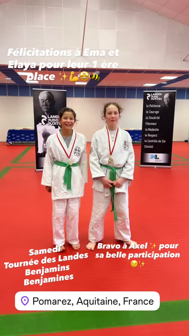 Samedi Tournée des Landes
Benjamins & Benjamines 🔥
🥇 1ères places : félicitations les championnes !
Elaya Bouvier-Basque - 38kg et Ema Giffard Nazarewicz -52kg
Un grand bravo à vous pour votre future sélection aux bis départementaux 👏💪
👏 Mention spéciale à notre jeune Axel Guichard -34kg qui continue de s’aguerrir dans cette nouvelle catégorie ✨
➡️ Le travail paie toujours, et ça va bientôt payer ! 🔥
Une magnifique journée riche en émotions, de l’engagement, du courage et un super esprit d’équipe 🤍
Un grand merci 🤩 à l’équipe du Club de Pomarez pour leur organisation 💪👊🥋
#dojostmartinois #judoclubcotebascolandais #shiaiclubcapbretonangresse #comitejudo40