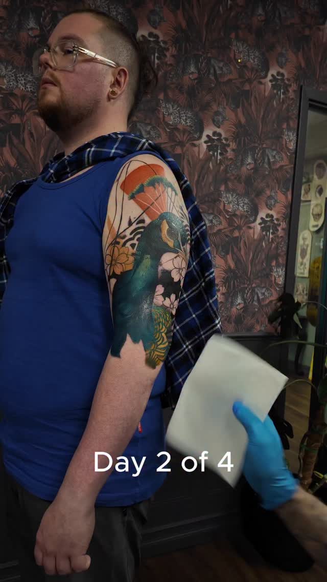 Day 2 of 4. Taking you through the process of doing a multi day sit
Upper arm is done.
Now we move down to the outer forearm.
This is usually the “calm before the storm” day. Outer forearm is one of the more tolerable spots
A sleeve isn’t random images stacked together. It has to transition. It has to breathe. Every section needs to speak to the next one.