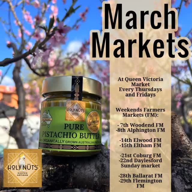 Where to find us in March:
At Queen Victoria Market
Every Thursdays and Fridays
Weekends Farmers Markets (FM):
- 7th Woodend FM
-8th Alphington FM
-14th Elwood FM
-15th Eltham FM
-21st Coburg FM
-22nd Daylesford Sunday market
-28th Ballarat FM
-29th Flemington FM
#dubaistylechocolate #woodend #espressospread #coffeelover
Our pistachio butter is made from 100% organically grown Australian pistachios.
And our Praline is made from 83% of the same pistachio and Caramelized traditionally in a copper bowl with organic raw Bundaberg sugar and some broken nose vanilla beans.
Use them on your crêpes, waffle, flavour cakes, in dishes, cocktails. Or eventually to complement you Matcha tea to the next level!😋
Be creative and send us your best picture or tag us in.
#worldpistachioday #pistachio #natural #praliné #pistachiobutter #wholefood #australianingredients #australianpistachio #madeinmelbourne #craftedwithlove #stoneground #slowprocess
#smallbatch
@farmersmarketcoburg
@farmersmarketalphington
@farmersmarketcarlton
@southgeelongfm
@elthamfarmersmarket
@daylesford_sunday_market
@ballaratfarmersmkt
#elwoodfarmersmarket