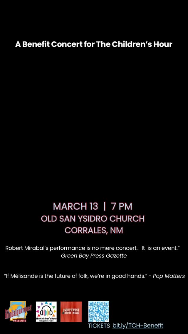 Next Friday, y’all. Tix are a-movin’.
Robert Mirabal + Mélisande in Concert: a benefit for The Children’s Hour