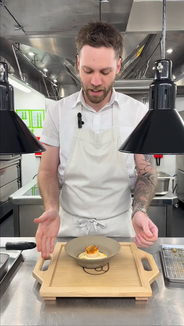 Hand-dived scallop from @flyingfish525, roasted and seasoned with its own roe and fresh lime zest.
Sunflower seed salsa, wild garlic capers, preserved lemon, grilled artichokes and a light artichoke foam.