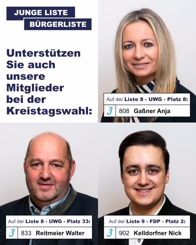 Einige unserer Mitglieder der Stadtratsliste treten auch für den Kreistag an!
Bitte unterstützt sie auch hier! Denn eine starke Pfarrkirchner Vertretung im Kreistag, bedeutet eine starke Region!
