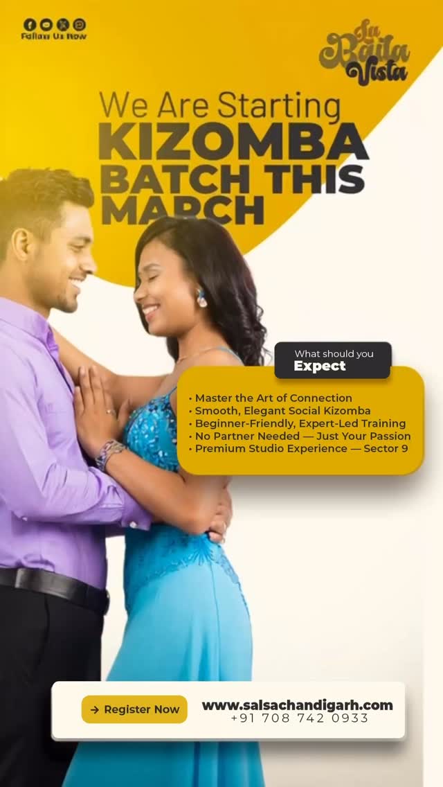 ✨ Kizomba is coming to La Baila Vista this March! ✨
Step into the smooth, soulful world of Kizomba and experience the magic of connection, rhythm, and flow. Whether you’re completely new or looking to refine your basics, this one-month weekend course is the perfect way to begin your Kizomba journey.
👣 Level: Beginners & Improvers
📅 Starting: 7th March 2026
🕒 Classes:
• Saturday — 5:30 to 6:30 PM
• Sunday — 1:00 to 2:00 PM
📍 Venue: Bodyzone Fitness & Spa Gym, Sector 9, Chandigarh
💛 No partner required
💛 No prior dance experience needed
🔗 Register now:
www.salsachandigarh.com
Come feel the music, connect with the dance, and join the LBV community.
#KizombaChandigarh #LaBailaVista #DanceChandigarh #KizombaClasses #LatinDanceIndia