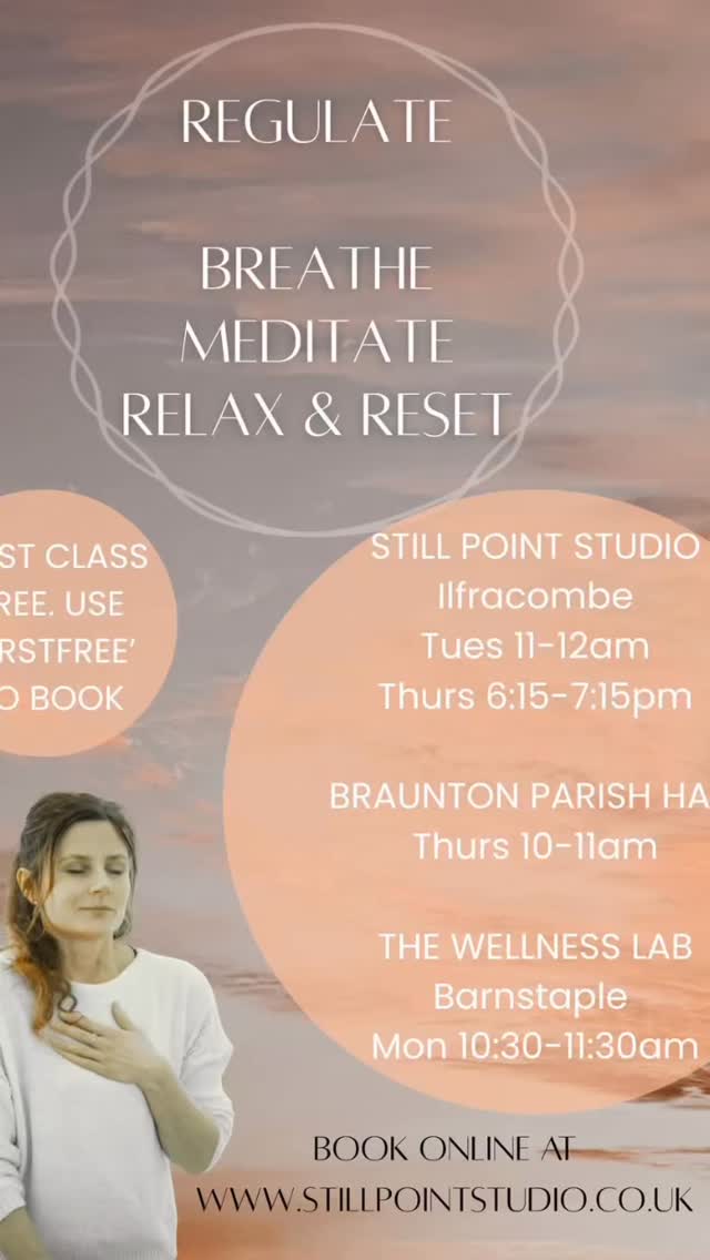 Regulate ✨ Weekly Class - First class is Free!!
✨ Breath is the communication between the mind and body, learn how to use it to regulate to keep yourself in a state of comfort.
✨ Meditation is a powerful tool to release stress from your cup...learn how to move outside of the thinking mind into a state of calm stillness. Your true self.
✨ Totally relax & unwind with a guided breath relaxation to reset and give love to your nervous system.
Classes at:
Still Point Studio - Ilfracombe - Tuesday Morning 11-12am & Thursday evening 6:15-7:15pm
Braunton Parish Hall - Braunton - Thursday morning 10-11am
The Wellness Lab - Barnstaple - Monday morning 10:30-11:30pm
First Class is Free. Use ‘FIRSTFREE’ to book
£13 drop in or 4 class pass for £40
Book Now: https://wix.to/hzXAWNM