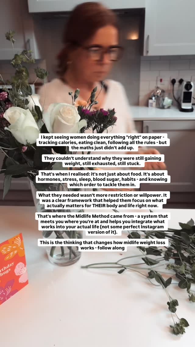 Calories matter. But so does sleep. And stress. And blood sugar. And the order you tackle them in.
I kept seeing women doing everything “right” on paper - but the maths just didn’t add up.
Still gaining weight. Still exhausted. Still stuck.
That’s when I realised: it’s not just about food. It’s about hormones, stress, sleep, blood sugar, habits - and knowing which order to tackle them in. What they needed wasn’t more restriction or willpower. It was a clear framework that helped them focus on what actually matters for THEIR body and life right now.
That’s where the Midlife Method came from 👇🏻
• A system that figures out where YOU need to start
• What matters most for your metabolism right now
• Integrating new habits into your actual life
• You’re the expert in your life - I help you find the “aha” moments
• Clinical + personal experience to know what can wait and what can’t
This is the framework I wrote about in my Amazon #1 bestselling book Everything They Told You About Menopause Weight Loss Is Wrong .
It’s not about doing more. It’s about doing what actually works for you.
Follow along if you’re ready to stop guessing and start seeing results (occasional cat content included 🐱)
#MenopauseWeightLoss #MidlifeMethod #perimenopausesupport