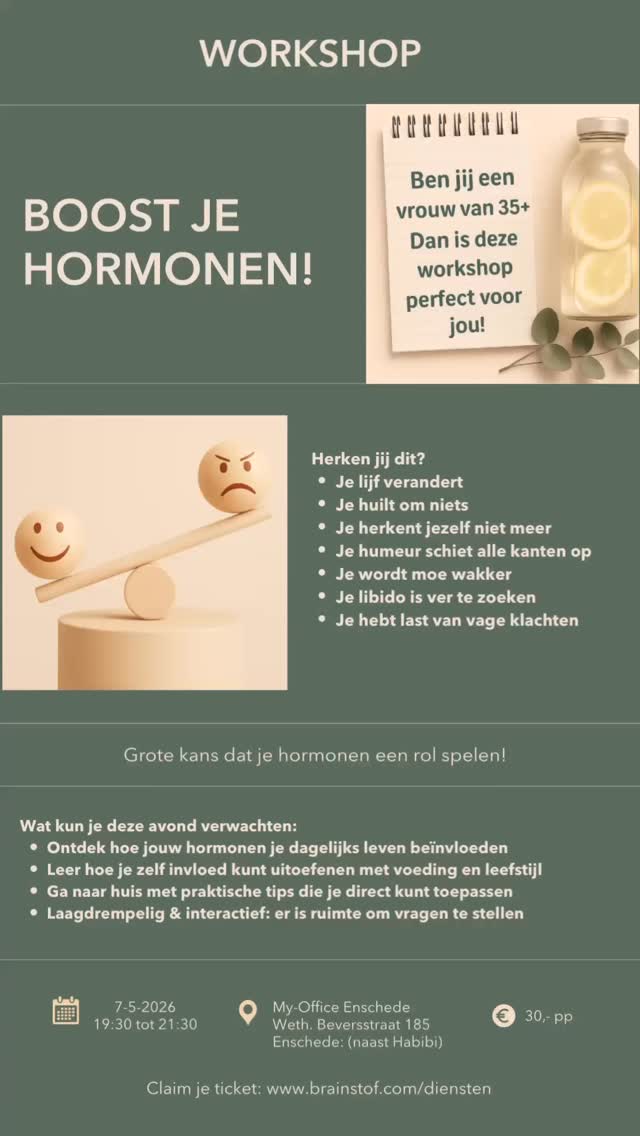 Herken je dit?
Je lichaam reageert ineens anders dan je gewend bent. Je bent boven de 35 en merkt dat de balans zoek is. Die extra kilo’s gaan er minder makkelijk af, je bent sneller opgebrand, de nachten zijn onrustig of je humeur schommelt vaker dan je lief is.
Je bent niet de enige, en belangrijker: het ligt niet aan jou. Vaak ligt aan je hormonen.
Op 7 mei geef ik in Enschede de workshop ‘Boost je hormonen’. Geen ingewikkelde medische verhalen, maar een heldere en interactieve avond speciaal voor vrouwen die weer grip willen krijgen op hun eigen lijf.
Wat kun je verwachten:
- Je leert eindelijk wat die hormonen precies met je doen, zodat die vage klachten ineens logisch worden.
- Hoe je met kleine aanpassingen in voeding en leefstijl zelf een groot verschil maakt in hoe je je voelt.
- Praktische tips die je de volgende ochtend direct kunt toepassen.
- Een laagdrempelige avond met gelijkgestemde vrouwen en alle ruimte voor jouw vragen.
Zorg dat je snapt wat er in je lichaam gebeurt, zodat je weer de beste versie van jezelf wordt.
📍 Locatie: @myofficegroup Enschede
🕢 Tijd: 19.30 – 21.30 uur
🎟️ Meld je aan via: www.brainstof.com/diensten
Zie ik je 7 mei?
#hormonen #voeding #leefstijl #gezondheid #brainstof