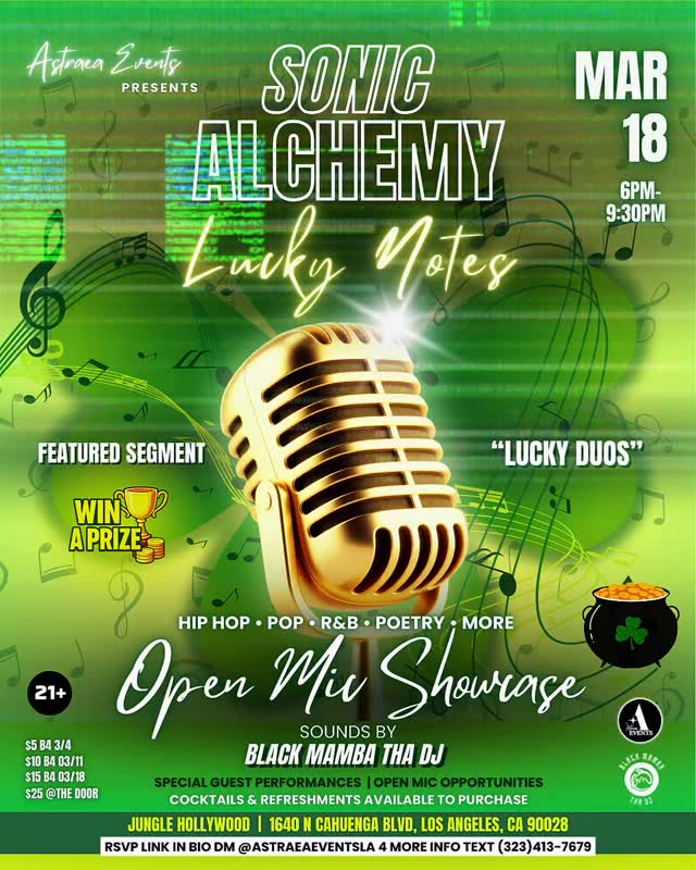 Hollywood, meet the lineup 🍀🎶
Sonic Alchemy: Lucky Notes Live lands March 18 at Jungle Hollywood @junglehollywood
A night of live hip hop, R&B, pop, spoken word, open mic energy, and unexpected collaborations through our Lucky Duos segment.
Hosted by Vibe Alchemist @00x.astraea
Co-hosted by @realquicctho
Sounds by Sound Alchemist @black_mamba_tha_dj
Secure your spot now. Ticket prices go up with time. Link in bio.
Comment LUCKY if we will see you there 🍀
#Astraea✨ #SonicAlchemy #LuckyNotesLive #HollywoodEvents #LiveMusic
Live Performances by:
Headliner
@kaykloverofficial
Featured
@ralphion1hunnid
@iam.solodolo
@real_rugrat
Rising Stars
@grizzlynanialohakai808 (spoken word)
@deejaitheprince_
@fadedresto
@djaymillz
@fvnniboihoncho
@cht_sneek
@strolokomodo