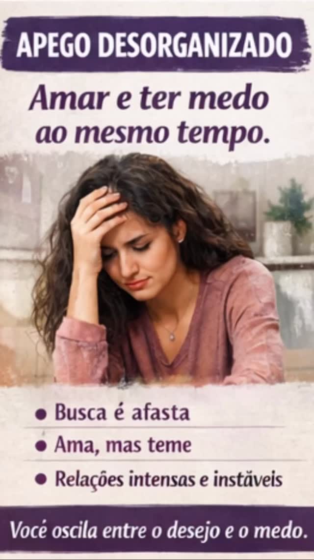 Apego Desorganizado
“Eu quero, mas tenho medo.”
Você:
• Alterna entre aproximação e afastamento
• Vive relações intensas e instáveis
• Sente medo e desejo ao mesmo tempo
Impacto nos relacionamentos:
⚠ Padrões caóticos
⚠ Reações imprevisíveis
⚠ Dificuldade de confiança
Na relação com filhos:
⚠ Oscilação entre controle e afastamento
⚠ Ambiente emocional instável
✨ Importante:
Estilo de apego não é sentença.
É padrão aprendido #psicoterapia #autoconhecimento #gicelapsicologa #relacionamento #saudemental e padrões podem ser ressignificados.
O primeiro passo é identificar.
O segundo é aprender a se regular.
👉 Qual você reconheceu mais em você?