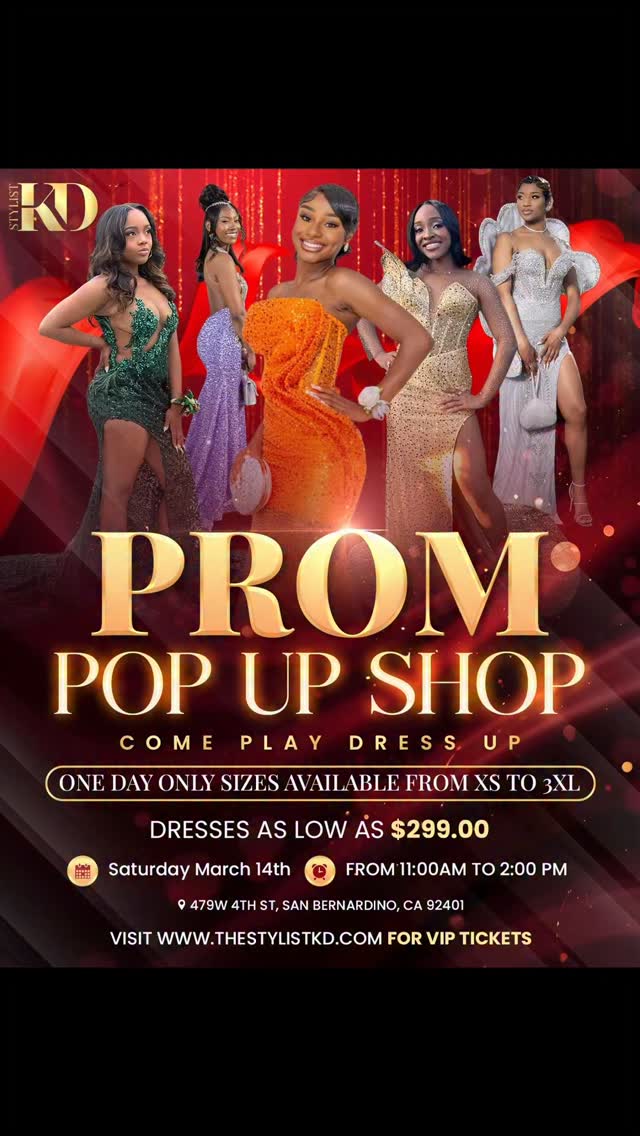 Designs are limited so get there early.
Join us for FREE
(No ticket needed for free entry)
•Browse gowns from as low as $299 (sizes XS-3XL)
Want VIP Access?
Upgrade for $50 and get:
•Skip the line with fast-pass entry
• First access to exclusive gowns
•$200 OFF your dress purchase
There will also be several vendors in the building, don’t miss the opportunity to get several of your prom needs in one spot, or if you just want to stop in and check out a vendor come on in 🤗