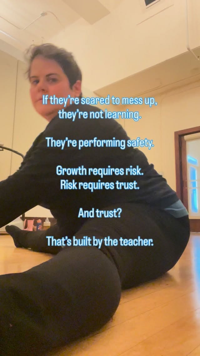 If theyāre scared to mess up, theyāre not learning.
What theyāre doing is managing your reactionā¦
And thatās a very different skillā¼ļø
In dance education, we talk a lot about discipline.
About standards.
About excellence.
And I believe in all of that.
But what I donāt believe in, is fear being the thing that builds it.
Growth requires risk. Risk requires vulnerability.
Vulenrability requires trust.
If a dancer is afraid to try full-out because they might be embarrassedā¦
afraid to ask a question because they might look ābehindā or ādumbāā¦
afraid to take a correction because it might come with shameā¦
Theyāre building protection vs artistry.
And protection keeps people small.
As educators, we set the emotional temperature of the room š”ļø
We decide whether mistakes are information or humiliation.
That responsibility matters more than you think!
This is something I think about and reflect on every time I walk into a studio room to teach my classes and the humans inside them š«¶š»