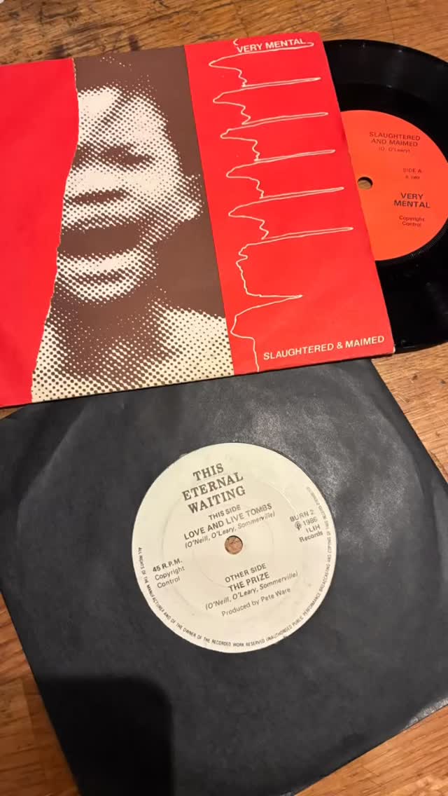 Local rarity! Much sought after singles from the Dalkey-based label I Live in Hell Records now on sale. This Eternal Waiting’s, ‘Love & Live Tombs’ and Very Mental’s ‘Slaughtered & Maimed’.