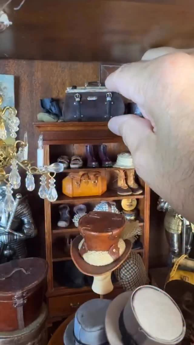 I have (another) unnatural obsession with top hats and other haberdashery items and store them away on a shelf. I hope you have small scale obsessions and find as much joy in Miniatures as I do! #haberdashery #smallscale #dollhouse #obsession