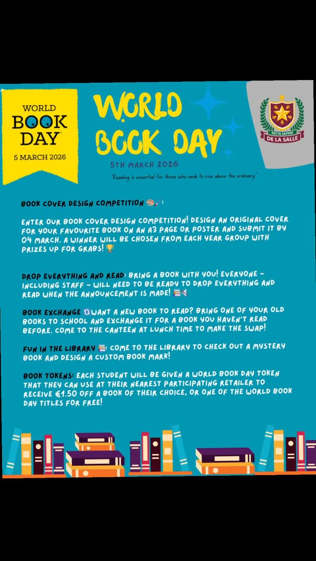 Our TY International Students have been busy preparing with Ms O'Connell for #WorldBookDay2026, they have lots of activities planned 📚
World book day 🌍📚05 March!
Book Cover Design Competition 🎨🖌️:
Enter our book cover design competition! Design an original cover for your favourite book on an A3 page or poster and submit it by 04 March. A winner will be chosen from each year group with prizes up for grabs! 🏆
Drop Everything and Read: Bring a book with you! Everyone - including staff - will need to be ready to drop everything and read when the announcement is made! 📚🔇
Book Exchange 🔃Want a new book to read? Bring one of your old books to school and exchange it for a book you haven’t read before. Come to the canteen at lunch time to make the swap!
Fun in the library 📚: Come to the library to check out a mystery book and design a custom book mark!
Book tokens🪙: Each student will be given a world book day token that they can use at their nearest participating retailer to receive €1.50 off a book of their choice, or one of the world book day titles for free!
#WeAreSalle