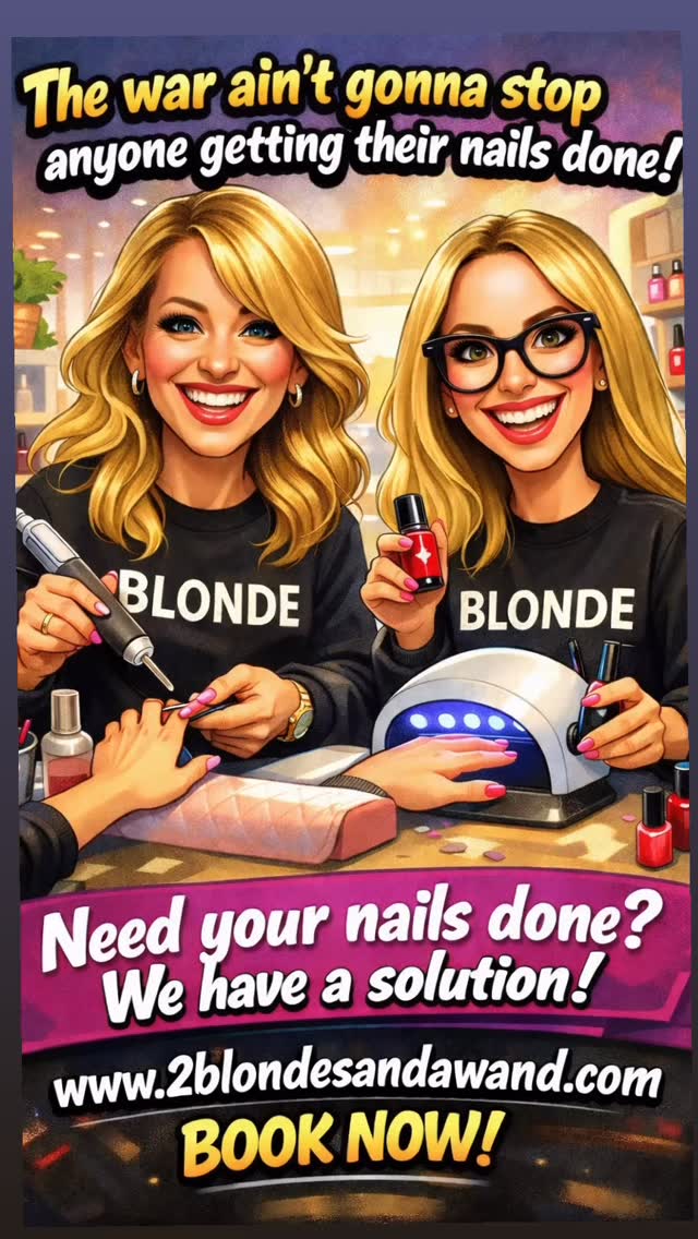 The war ain’t stopping NOTHING 💅✨
Life still goes on… and so do flawless nails 💖
Need your nails done? We’ve got the solution 👯♀️💅
Book online, and let the blondes handle the glam ✨
Book now 👉 www.2blondesandawand.com
#NailTechLife #BlondeBosses #BookNow #NailGoals #2BlondesAndAWand 💕