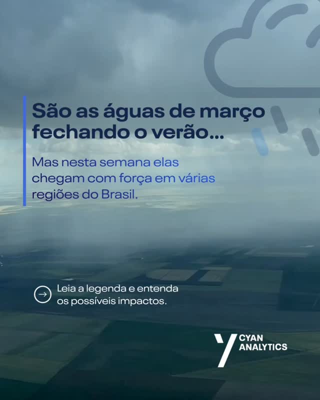 São as águas de março fechando o verão, e a previsão confirma esse cenário.
Os modelos meteorológicos indicam o avanço de uma frente fria pelo Sudeste do país, sistema que deve atuar como o principal responsável por manter o tempo instável nos próximos dias.
A presença desse sistema favorece a formação de áreas de chuva persistente e trovoadas, além de ajudar a canalizar umidade da Amazônia para o interior do continente.
Com isso, a semana tende a ser marcada por chuvas frequentes e acumulados elevados em grande parte do Brasil, especialmente nas regiões Centro-Oeste e Sudeste.
O que esperar nos próximos dias:
Semana com chuvas recorrentes no Brasil Central
Volumes elevados em áreas produtoras do Centro-Oeste e Sudeste
Instabilidades persistentes, típicas da reta final do verão
Março costuma ser assim: o verão se despede ainda com muita água.
Impactos possíveis desse cenário:
🌱 Agronegócio
Chuvas frequentes podem reduzir janelas de operação no campo, atrasar colheitas e impactar atividades como aplicação de insumos e logística agrícola.
💰 Seguro e crédito agrícola
Eventos de chuva intensa aumentam a exposição a riscos climáticos, elevando a atenção de seguradoras e instituições financeiras para possíveis sinistros, perdas produtivas e riscos operacionais.
🛣 Infraestrutura e logística
Volumes elevados de precipitação podem gerar maior risco operacional para linhas de transmissão, além de impactos logísticos em rodovias e operações portuárias, especialmente em períodos de chuva persistente.
Em cenários como esse, monitorar o clima em tempo real deixa de ser apenas previsão, passa a ser gestão de risco.
➡️ Quer saber como a Cyan pode ajudar suas operações em cenários como esses? Entre em contato pelo direct!
#tempo #clima #chuva #oagronaopara