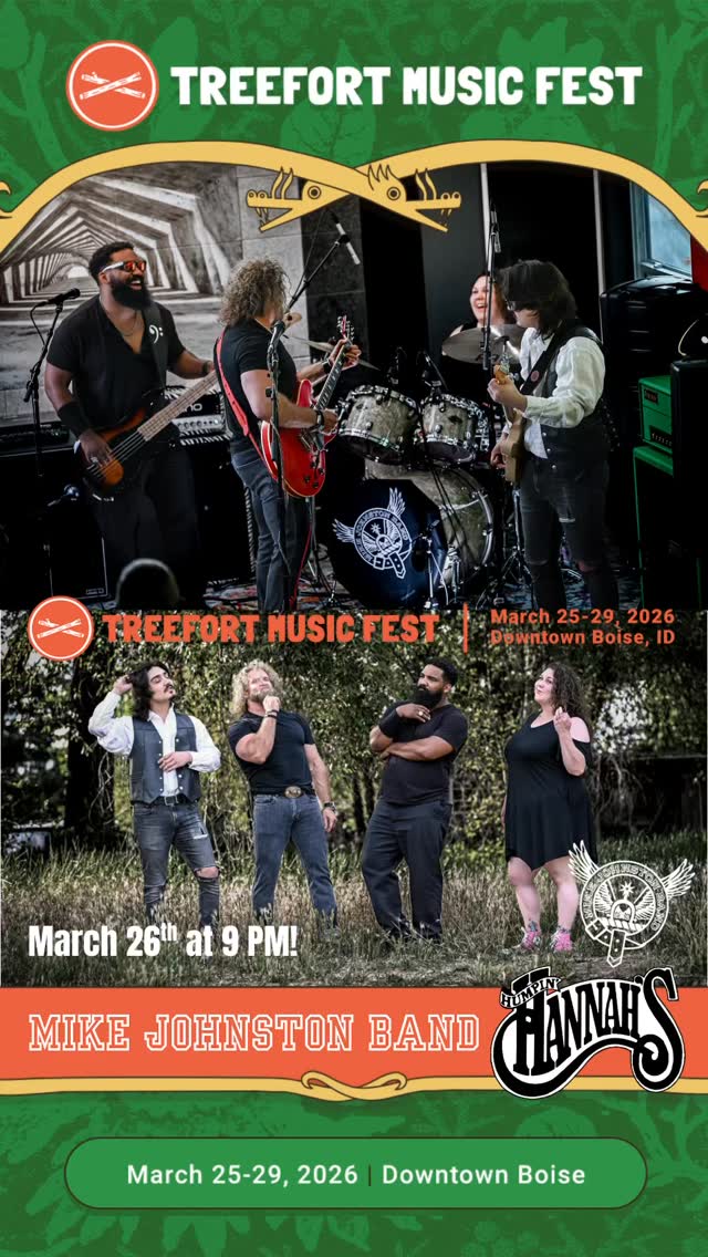 The MJB is ready! Are you ready Boise?! @treefortfest is almost here!!! There are still tickets available for a jammed packed 5 days of fun and frivolity! Join @mikejohnstonband on Thursday, March 26th @humpinhannahsboise at 9:00 PM! We have a delicious 50 minute set of tunes that will tantalize and satisfy your ear holes! Come on out and join Boise’s biggest party of the year! #treefort2026 #originalmusic #americanrock #mikejohnstonband #boisemusicscene Thanks to @aura_studios.idaho studio for premier rock-star hair styling and to @12thfretmusic for the best musical gear! We look forward to meeting you all. @mikejohnston_music @benji_nil @chiefblue_official @olivia___bree