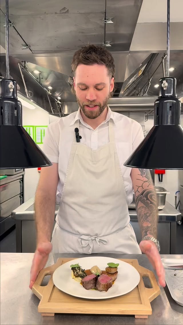 Hogget loin and sausage from @martinsmeats_, braised Roscoff onions, onion purée, slow-cooked January King cabbage topped with pickled walnut purée, and a rich lamb jus gras.