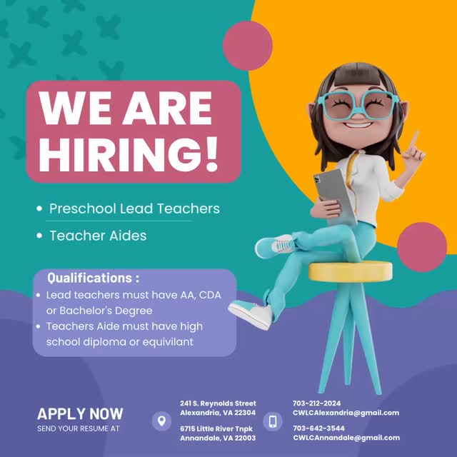 🎨✨ We’re Hiring! Come Make a Difference! ✨🎨
Do you love tiny high-fives, big imaginations, and helping little learners grow? 🌱
CWLC is looking for amazing Teachers to join our team! If you’re passionate about early childhood education and love creating fun learning experiences, we’d love to meet you!
If you’re ready to inspire young minds and share lots of smiles, apply today or send us a message!
Tag someone who would be perfect for this role!