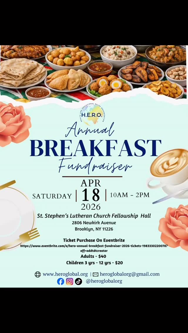 🍳 Come hungry and bring a friend!
Join us for H.E.R.O.’s Annual Breakfast Fundraiser and enjoy a morning of great food, community, and giving back. Your support helps us continue providing health care services and educational opportunities to communities that need them most.
📅 Saturday, April 18, 2026
🕙 10:00 AM – 2:00 PM
📍 St. Stephen’s Lutheran Church Fellowship Hall
Brooklyn, NY
🎟️ Get your tickets here:
https://www.eventbrite.com/e/1983330220078?aff=oddtdtcreator
Come enjoy breakfast, connect with friends, and help make a meaningful difference. We hope to see you there!
#HEROCares #HEROBreakfast #SupportOurMission #CommunityImpact #GiveBack BrooklynEvents NonprofitEvent HealthAndEducation DoGoodFeelGood SupportNonprofits HEROGobalOrg