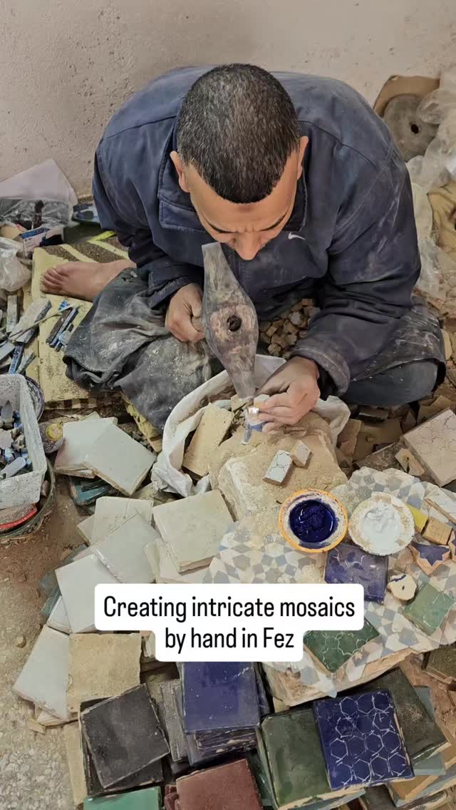 Fez has so many hand crafts. Morocco is known for their expertise in tiles and we got the chance to see them creating tile tables. They first make the ceramic tiles and then draw out a template and cut each one out by hand. They then create the pattern upside down on the for before pouring plaster over it to connect them. Once they turn it over, it's a piece of art!
#travelmorocco #fezmorocco #tiledesign #mosaic