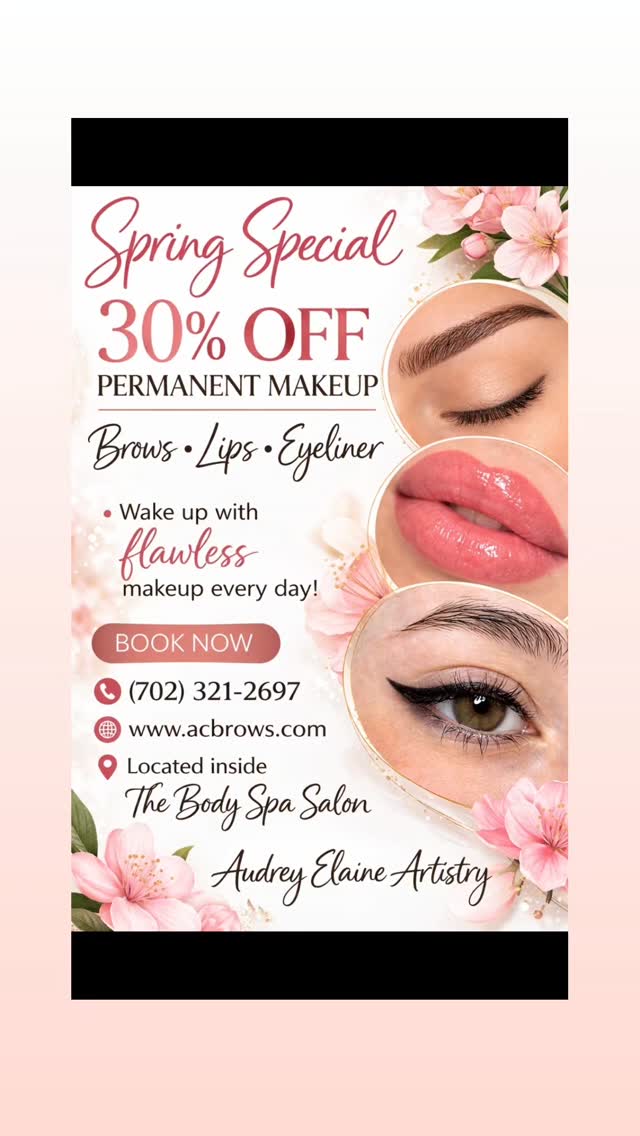🌸 SPRING SPECIAL 🌸
30% OFF PERMANENT MAKEUP
Refresh your look this season with effortless beauty!
✨ Brows $300/$125 8wk touch up
✨ Lip Blush $350/$150 8wk touch up
✨ Eyeliner $300/$125 8wk touch up
Wake up every day with makeup that stays flawless.
📅 Limited appointments available this spring
📞 Call or Text: 702-321-2697
🌐 www.acbrows.com
IG - @audrey.elaine.artistry
Located inside The Body Spa Salon 2490 Paseo Verde Pkwy Suite 100, Henderson 89074
#lasvegaspmu #lasvegaseyebrows #vegas #lasvegas #permanentmakeup