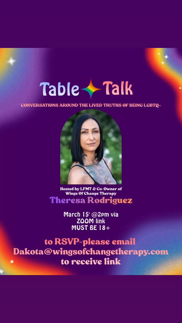 š LGBTQ+ Table Talk š
Wings of Change Therapy is proud to host a free LGBTQIA+ support group led by our very own LMFT, Theresa Rodriguez.
This virtual gathering is designed to create a safe and affirming space where LGBTQIA+ individuals can come together to share experiences, exchange resources, learn coping tools, and build meaningful community connections.
š March 15th
ā° 2:00 PM
š» Hosted via Zoom
š Ages 18+
This group is an opportunity to connect with others who understand the importance of being seen, heard, and supported.
Whether youāre looking for community, resources, or simply a space to speak openly, you are welcome here.
To receive the RSVP Zoom link, please email:
š§ Dakota@wingsofchangetherapy.com
To learn more about our therapists and the care we provide, visit our website or contact us directly.
š (760) 587-3075
š§ Dakota@wingsofchangetherapy.com
#LGBTQIACommunity #LGBTQSupport #AffirmingCare #MentalHealthSupport #WingsOfChangeTherapy