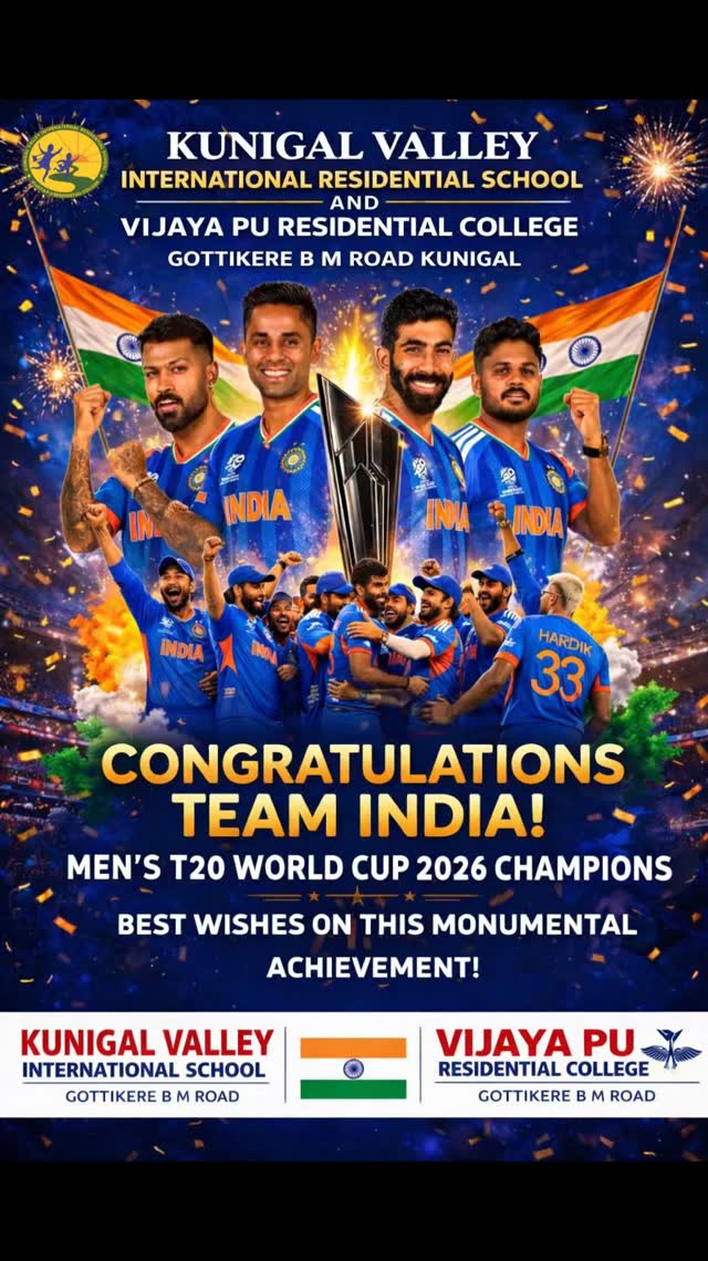 Congratulations to India national cricket team on winning the ICC Men's T20 World Cup! ๐ฎ๐ณ๐
Your hard work, dedication, and team spirit have made the whole nation proud.
Warm wishes from
Kunigal Valley International Residential School & Vijaya PU Residential College
#TeamIndia #T20WorldCupChampions #ProudMoment ๐ฎ๐ณ๐