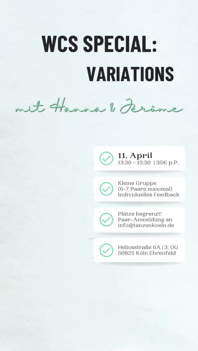 🌻Jetzt anmelden für unser Drops Variations SPECIAL💥‼️
Du tanzt hier und da schon mal Drops und suchst neue Inspiration und einen technischen Feinschliff? 🤓🥰 dann bist du hier richtig 😎
Samstag, 11. April | 13:30 - 15:30 💧
💰35€ p.P.
👣 Die Teilnehmerzahl ist bewusst klein gehalten (max. 6-7 Paare), damit wir auf alle eingehen können.
Du hast (noch) keinen Tanzpartner? Schreib uns – wir helfen dir gern beim Matchen! 💌
#WestCoastSwing #WCS #KoelnTanzt #workshop #TanzenKoeln