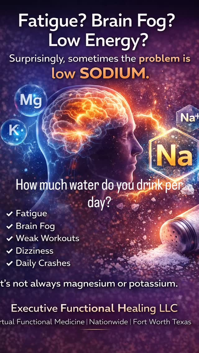 Fatigue. Brain fog. Weak workouts. Feeling drained for no reason.
Most people assume they need more magnesium or potassium.
But sometimes the real issue is low sodium.
Sodium helps control hydration, nerve signaling, adrenal function, and cellular energy through the sodium potassium pump. When sodium drops too low, fatigue, dizziness, headaches, and poor workouts can follow.
Electrolytes work as a system. Balance matters.
At Executive Functional Healing LLC, we focus on identifying the root causes behind symptoms instead of masking them.
How much water do you drink every day?
#functionalmedicine #electrolytes #fatigue #brainfog #rootcausehealing