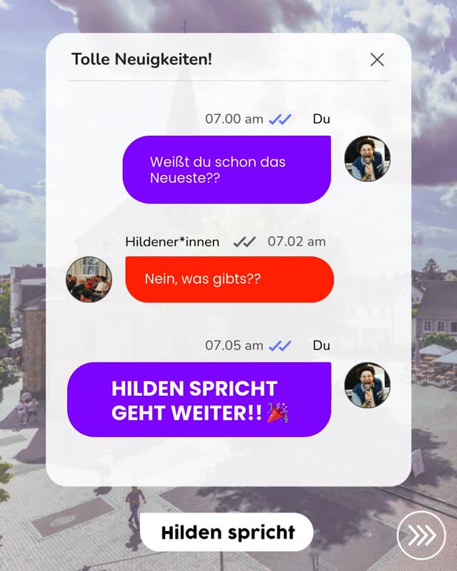 🌍 Hilden spricht geht in die nächste Runde!
Im Mai erwartet euch wieder ein interaktives Event zum Mitreden, Vernetzen und Mitgestalten.
Was glaubt ihr, um welches übergeordnete Thema es genau geht? Schreibt eure Vermutung in die Kommentare 👇
#hildenspricht #hilden #demokratieerleben #mitreden #bürgerdialog #zuhören #unserestadtunserestimme #demokratie #politik #düsseldorf #nrw
