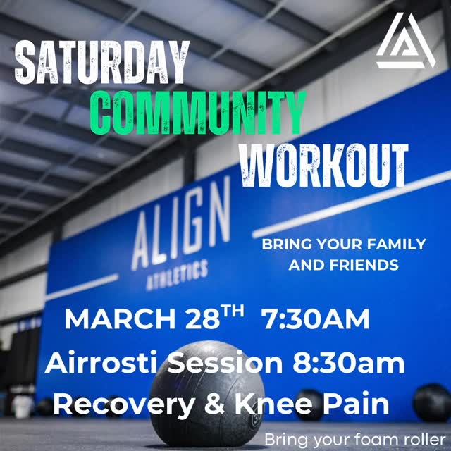 Sweat. Recover. Eat Tacos.
7:30 AM
Community Workout at Align Athletics.
Bring a friend. Bring your family.
8:30 AM
Airrosti Recovery Session.
Learn how to handle knee pain. Improve recovery. Ask questions from a pro.
Bring a foam roller.
Workout. Recovery. Community.
March 28
Align Athletics
#thealignathletics #tomballtx #cypresstx #communityfitness #saturdayworkout