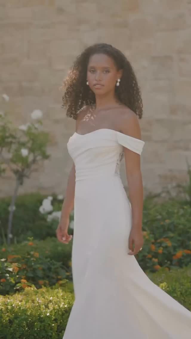 Effortlessly refined ✨ Another stunning new @allurebridals gown features a sculpted off-shoulder silhouette with ruched crepe, a modified sweetheart neckline, and stunning exposed corset boning framed by sheer lace.