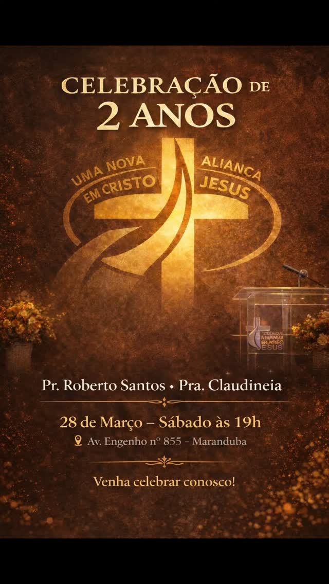 A Igreja Evangélica "Uma Nova Aliança em Cristo", completará 2 anos no dia 28 de Março a partir das 19hs. Local: Avenida Engenho 855 Maranduba - Ubatuba - SP.
Pastores Roberto Santos e Claudineia.