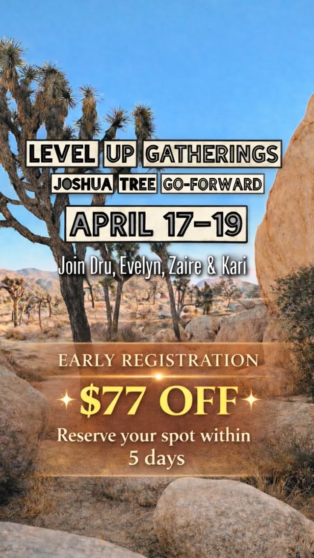 🏜️
You ready!?!
•Level Up Gatherings 4/17-19•
..!! Special Discount Until 3/16 !!..
#joshuatree #wellness #retreat
A Go Forward (retreat) for three days in a beautiful home with great people and at a very kind price point!!!
Join Dru, Evelyn, Kari and Zaire for all the special goodness. If you have been to one of their events and have ever thought .. “hey when are they doing a retreat?”
🏜️The time is NOW!!!
What is a Level up?
If you are doing the work want to get started or are really inspired to get support with self care and the various offerings these four facilitators bring to the table.. this Go Forward (retreat)
🏜️What to expect:
Friday Level 1: Activation Ignites Awareness
5pm Arrival
6pm New Moon Opening
Cacao • Human Design • Avatar Insight
7pm Nourishment
8pm Floating Soundbath (pool)
9pm Fire Pit • Ignite Awareness
Saturday Level 2: Journey Expand Embody
6am Sunrise Meditation
8am Supernatural Expansion
10am Nourishment
1pm Indian Cove
Earth Mandalas • Human Design Embodiment
5pm Nourishment
7pm The Breakthrough
A Dynamic Emersion • Full Group Journey
9pm Fire Pit • Body Expansion
Sunday Level 3: Integration Forward Movement
6am Sunrise Breath Meditation
8am Nourishment
10am Check Out
11am Joshua Retreat Center • Closing
🏜️Please Visit Websites and Eventbrite
🏜️DM one of us for any Questions
🏜️Pricing Plans Available
🍲Nourishment = yummy meals provided
🏠 Pics of home at our websites
Websites: 🔗 in bio
Eventbrite: search Level Up Joshua Tree
@sacredliiight
@love2lovexixi
@zaireblack.focus