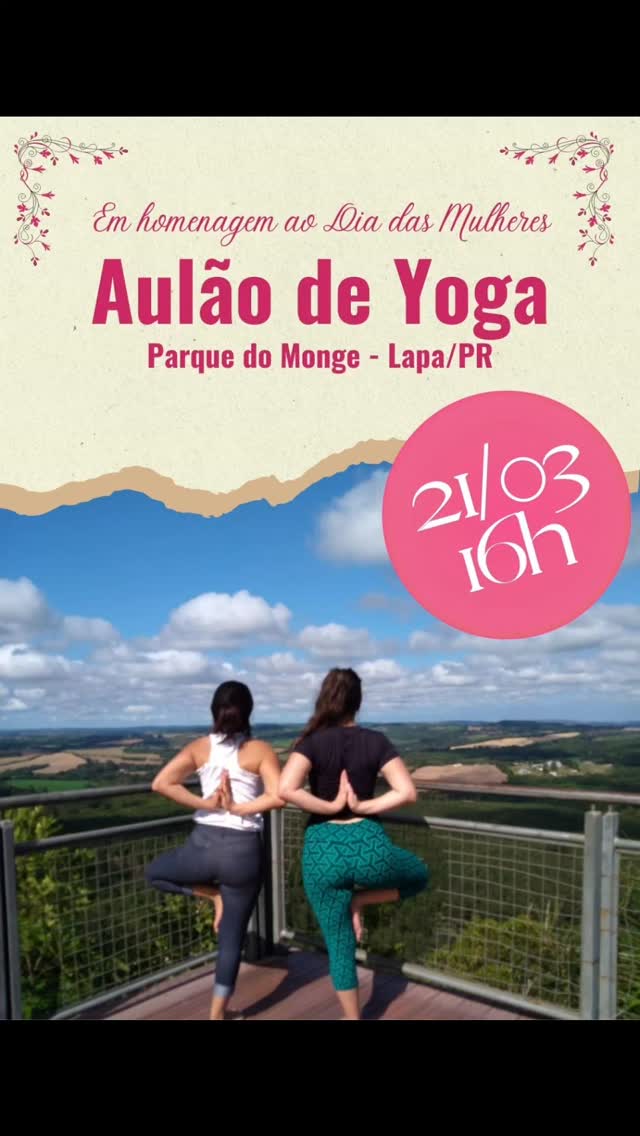 🌸 Convite Especial – Aulão de Yoga em homenagem ao Dia das Mulheres 🌸
No dia 21/03 vamos ter um aulão especial de yoga para celebrar o Dia das Mulheres 💛
Um momento para relaxar, se reconectar, cuidar do corpo e da mente em meio à natureza.
✨ Todos são bem-vindos!
Convide amigas, família, homens, adolescentes e crianças para participar dessa experiência juntos.
⚠️ As vagas são limitadas, então garanta a sua inscrição:
1️⃣ Preencha o formulário:
https://forms.gle/iB9iLsiQFc1wvSiL8
2️⃣ Após realizar o pagamento, envie o comprovante pelo WhatsApp para confirmar sua vaga.
💫 Vai ser um encontro lindo. Chame quem você ama e venha participar!