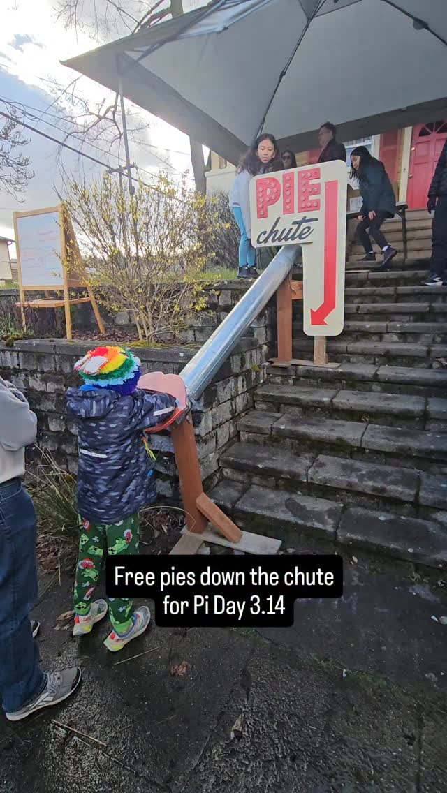 On Saturday I was a volunteer for Pi Day where a couple hands out 500 hand pies and 100 cookies to people in the neighborhood, all delivered through this fun chute. The person calls up their order, like they did during Covid, and their chosen pie comes flying down the chute. How much fun is this, right?
#piday #piday2026 #piechute