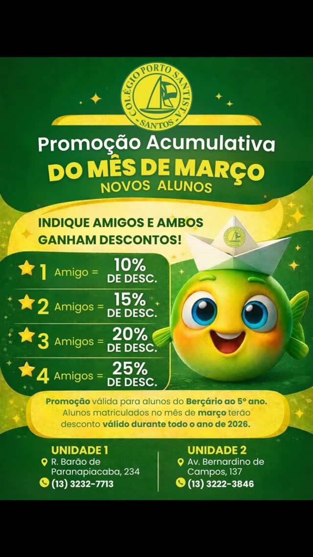 🚀 Venha conhecer o nosso colégio!
Estamos com uma promoção especial para novos alunos! 🎉 Junte-se a nós e faça parte do nosso time que valoriza o aprendizado, a amizade e o crescimento!
💡 Nossas instalações são adequadas para oferecer a melhor experiência educacional. Venha descobrir por que somos sua melhor escolha !!!
📚 Nos chame aqui agora e aproveite as vantagens da promoção!Aguarde nosso contato para mais informações.
#NossoColégio #Promoção #EducaçãoDeQualidade