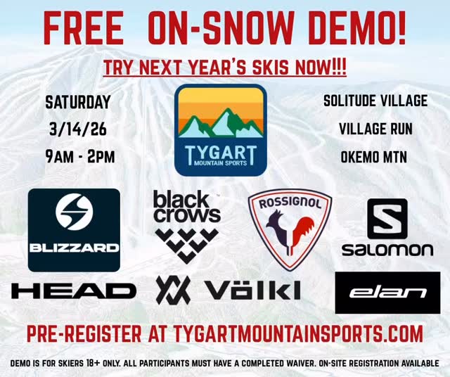 Pre registration ends today!!! Sign up and save time, or register on site with us! See you there! #Ski shop #tygartmountainsports #skidemo #skiing #vermont