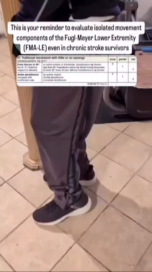 Assessing isolated components of the Fugl-Meyer Lower Extremity (FMA-LE). Are you familiar with performing the Fugl-Meyer Lower Extremity (FMA-LE)? Drop a āļø if youāre using it in your practice! Research links pinned in the comments #research #goldstandard #fmale #fuglmeyerassessment #fuglmeyer